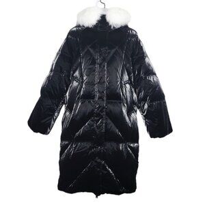 Only Womens Black Hooded Fox Fur Trim Down Puffer Mid Length Jacket Size XS